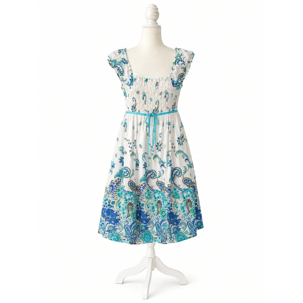 Boho Paisley Girls Dress Size 10 Speckless White Blue Turquoise Smocked Lined
